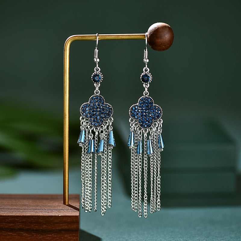 Wholesale Clover Full Diamond Tassel Alloy Earrings